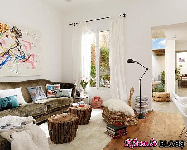 Artistic white living room with bursts of color