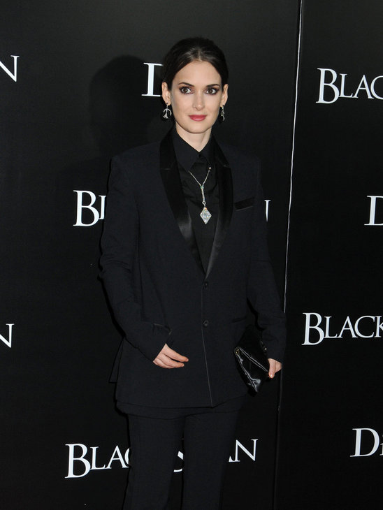 8. Winona Ryder gets the menswear trend really wrong. The idea is still to look ultra femme and sexy even though you are wearing a suit! Winona's mens' shoes, black shirt and severe makeup, make her look almost like a priest!