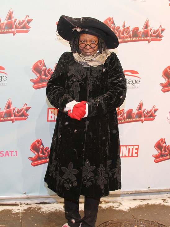 1. When we saw Whoopi Goldberg in this outfit outside the theatre, we thought she was in costume. No she was there as a producer not an actor. These are her actual clothes! We don't even know where to start. The hat probably....it looks like it belongs to a man from the 18th century!