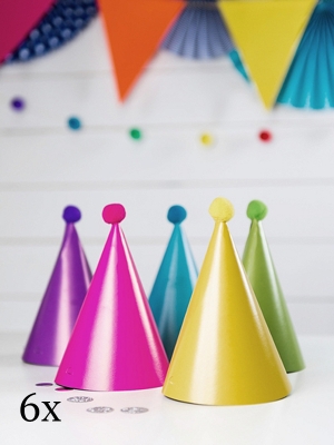 6 pcs, Party Hats with pompoms, mix, 16 cm 6 pcs, Party Hats with pompoms, mix, 16 cm