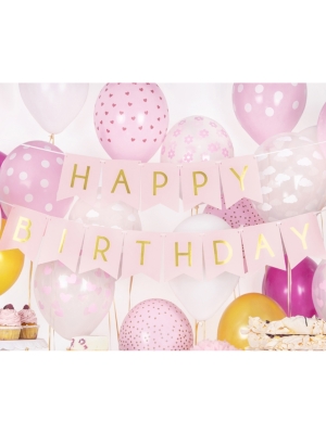 Baneris Happy Birthday, gaiši rozā ar zeltu, 15 x 175 cm