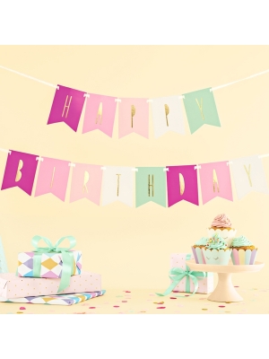 Baneris Happy Birthday, krāsains ar zeltu, 11.5 x 140 cm Baneris Happy Birthday, krāsains ar zeltu, 11.5 x 140 cm