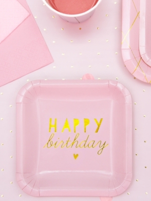 6 gab, Mini šķīvīši - Happy Birthday, gaiši rozā, 14 x 14 cm 6 gab, Mini šķīvīši - Happy Birthday, gaiši rozā, 14 x 14 cm