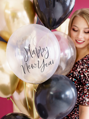 6 шт, Шары Happy New Year, прозрачные с чёрным, 30 см 6 шт, Шары Happy New Year, прозрачные с чёрным, 30 см